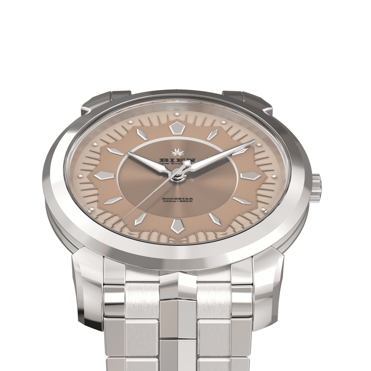The Rockstar, Terracotta dial, on its steel bracelet